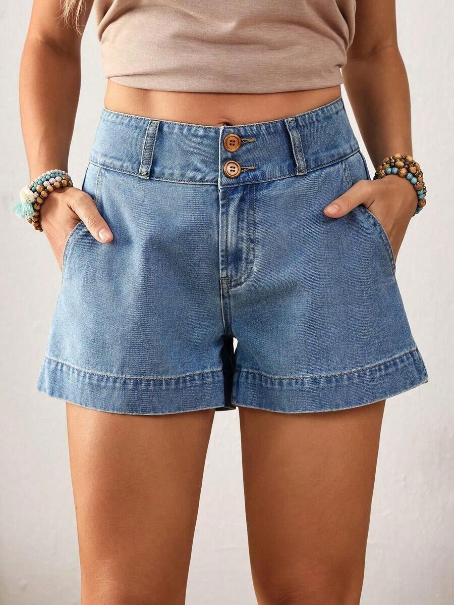 Shorts vaqueros lavados informales para mujer, de verano - Azul - Ver 1