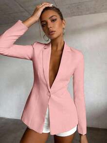 Plain Color Long Sleeve Lapel Minimalist Design Solid Color Blazer Blazer Women Baby Blue Blazer Women's Suits Light Blue Blazer Women's Blazer Blue Blazer For Women Tailored Suits For Women Blazer For Women Casual Office Outfits For Women Blazer Suit For Women - 粉色 - 查看 1