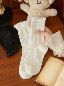 Mother's Day Lolita Goth Y2K Lace Ruffle Mid-Calf Socks, Black White Women Socks 1/2/4 Pairs - 彩色 - 查看 7