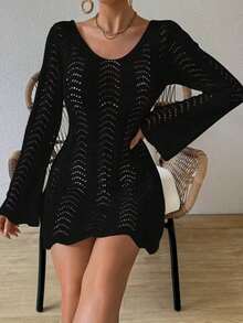 Swim Lushoire Vestido para cubrir la parte trasera hecho de punto con encajes de verano para mujer, con corbata y espalda descubierta para la playa - Negro - Ver 8