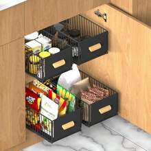 Paquete de 2 organizadores extraíbles fijos con nanopelícula adhesiva, cesta deslizante para gabinetes de cocina, despensa de baño, 12.2 pulgadas de ancho x 17.3 pulgadas de profundidad x 6.2 pulgadas - Negro 2pcs - Ver 9