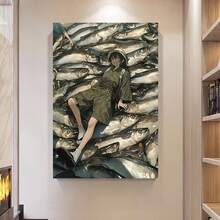 Enmarcado Lienzo impreso plano 2D  - Niña en medio de un mar de peces, decoración de pared original para el hogar, oficina, bar, cafetería, aula, dormitorio, baño - Ideal para el Día del Padre, 4 de julio, graduación, Día de los Caídos, decoración con temática de peces - Enmarcado - Ver 2