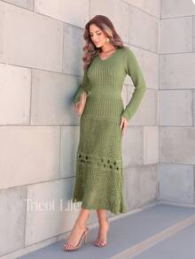 Elegant Midi Dress In Lace Knit With Lined Detail, V-Neck, Modest Fashion, Short Sleeves, Premium Style For Parties - 橄欖綠 - 查看 8
