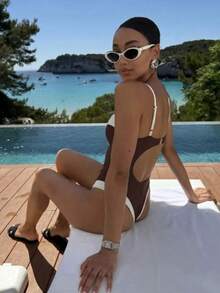 Black & White High Waist Camisole One-Piece Swimsuit For Women, High Waist Design With Contrasting Trim, Suitable For Vacation Wear Beach Summer - Brown - View 5