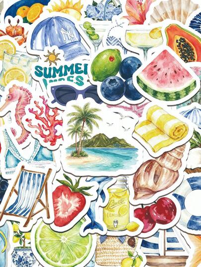 50pcs Watercolor Beach Doodle Stickers, Fashion Style, Waterproof Reusable, Suitable For Motorcycle Helmet, Car, Gift Box, Envelope, Guitar, Laptop, Luggage, DIY Crafts, Helmet Stickers, Gamer Stickers, Notebook Stickers, Games, Diary Stickers, Bicycle Stickers, Gamer Birthday Party, Gamer Gathering, Office Decor