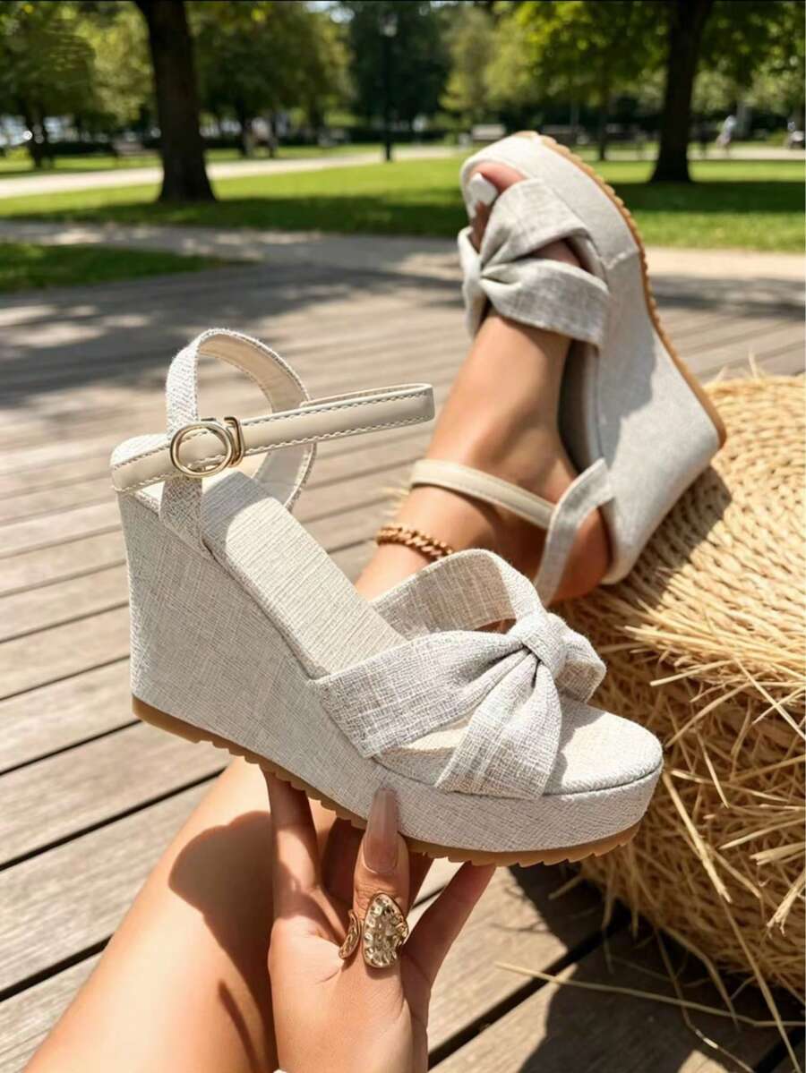 New Summer Platform Wedge Sandals, Thick Sole Waterproof Elevated Slimming Shoes - Beige - View 1