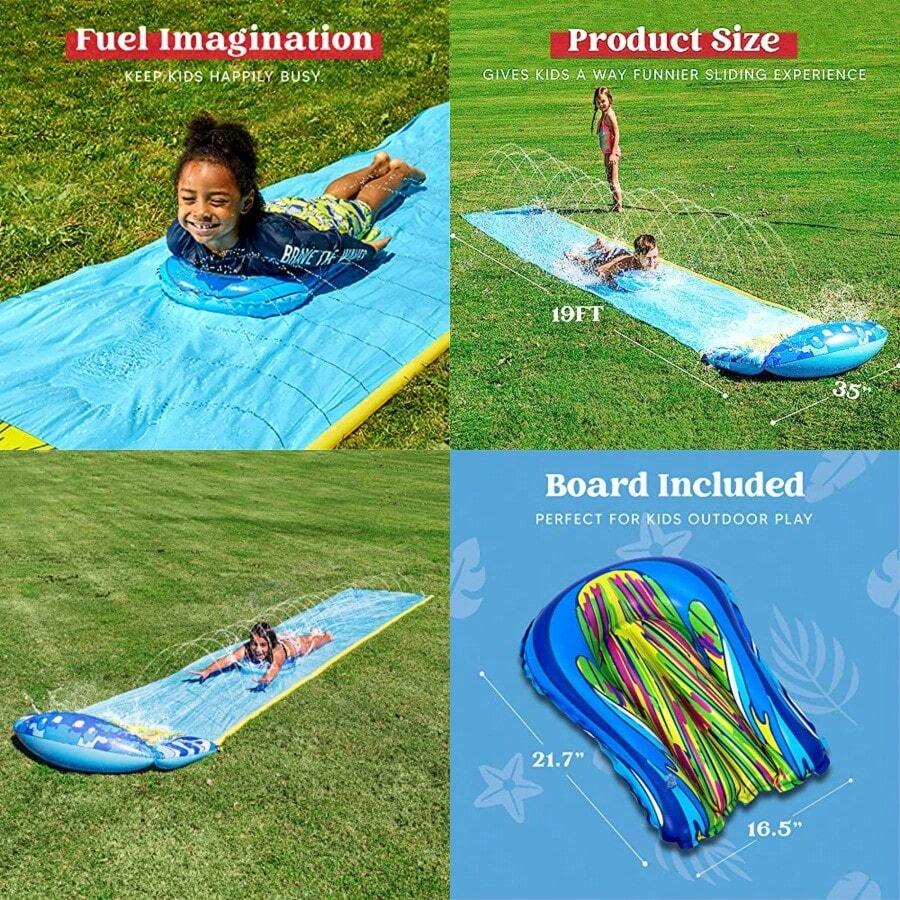 Sloosh Deslizamiento de Agua de Carril único, tobogán de Agua de césped de Patio Trasero, con una Tabla de Surf, tobogán de Agua con rociadores, Juguetes de Agua de jardín para niños - como en la imagen - Ver 1