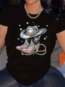 Camiseta de algodón de manga corta para mujer - Camiseta estampada de talla grande para mujer de la serie Western Cow, hecha de tela ligeramente elástica y cómoda. A la moda y moderno - Negro - Ver 4