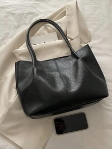 2个装女士纯色绗缝内衬手提包，时尚大容量单肩包，按扣闭合，休闲街头风，适合摄影、日常通勤。 - 黑色 - 查看 3