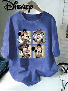 Disney Minnie Mouse Adventure Wind Leopard Print Wind Square Cute Expression Creative Printing Design Sense Oversized Fashion Middle-Aged And Old-Aged T-Shirt 2026 Spring And Summer Round Neck T-Shirt Style Retro Fashion Couples Popular Style Middle-Aged And Old-Aged Round Neck T-Shirt, Casual Couples With Holiday Gifts, Unisex, Excellent Gifts. - Xanh đậm - Xem 1