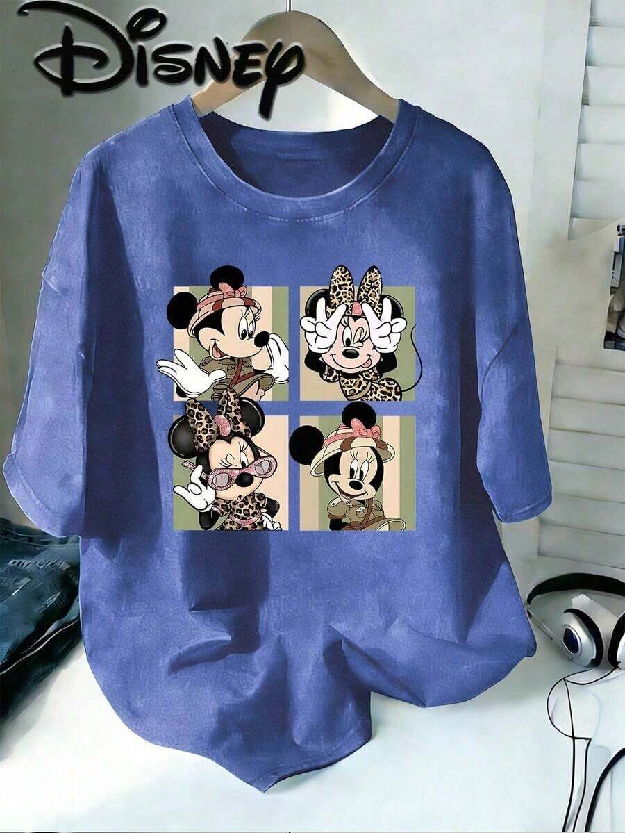 Disney Minnie Mouse Adventure Wind Leopard Print Wind Square Cute Expression Creative Printing Design Sense Oversized Fashion Middle-Aged And Old-Aged T-Shirt 2026 Spring And Summer Round Neck T-Shirt Style Retro Fashion Couples Popular Style Middle-Aged And Old-Aged Round Neck T-Shirt, Casual Couples With Holiday Gifts, Unisex, Excellent Gifts. - Xanh đậm - Xem 1
