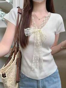 Sweet V-Neck Lace Patchwork Knit Top, Korean Design Slim Fit Short Sleeve T-Shirt For Summer White - White - View 3