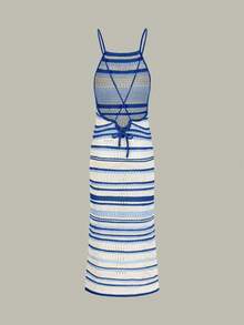 Summer Vacation Sexy Hollow Out Sleeveless Fitted Knit Camisole Striped Women Beach Dress - Baby Blue - View 5