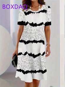 Vestido con estampado de rayas geométricas para mujer, vestido veraniego holgado informal de manga corta con cuello redondo, minivestido de playa para mujer - XD-DX8087 - Ver 4