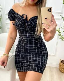 Vestido de verano sexy paquete nalgas falda corta de vestido con estampado de rejilla transfronteriza - Azul - Ver 2