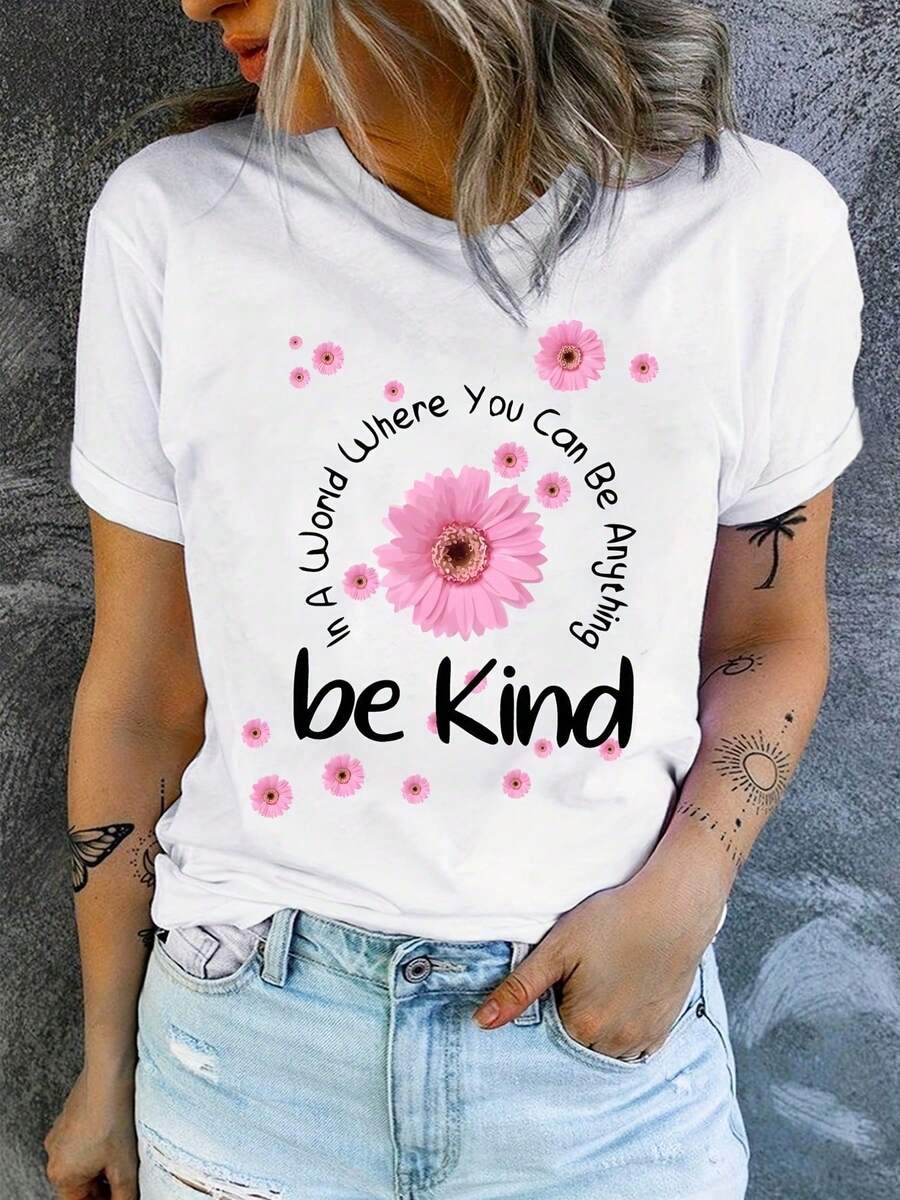 Be Kind Women's Casual T-Shirt, Summer T-Shirt With Chrysanthemum, Soft And Comfortable Fabric, Fashionable Must-Have For Experts, Birthday Gift, Valentine's Day Gift, Outdoor Activities For Couples - 白色 - 查看 1