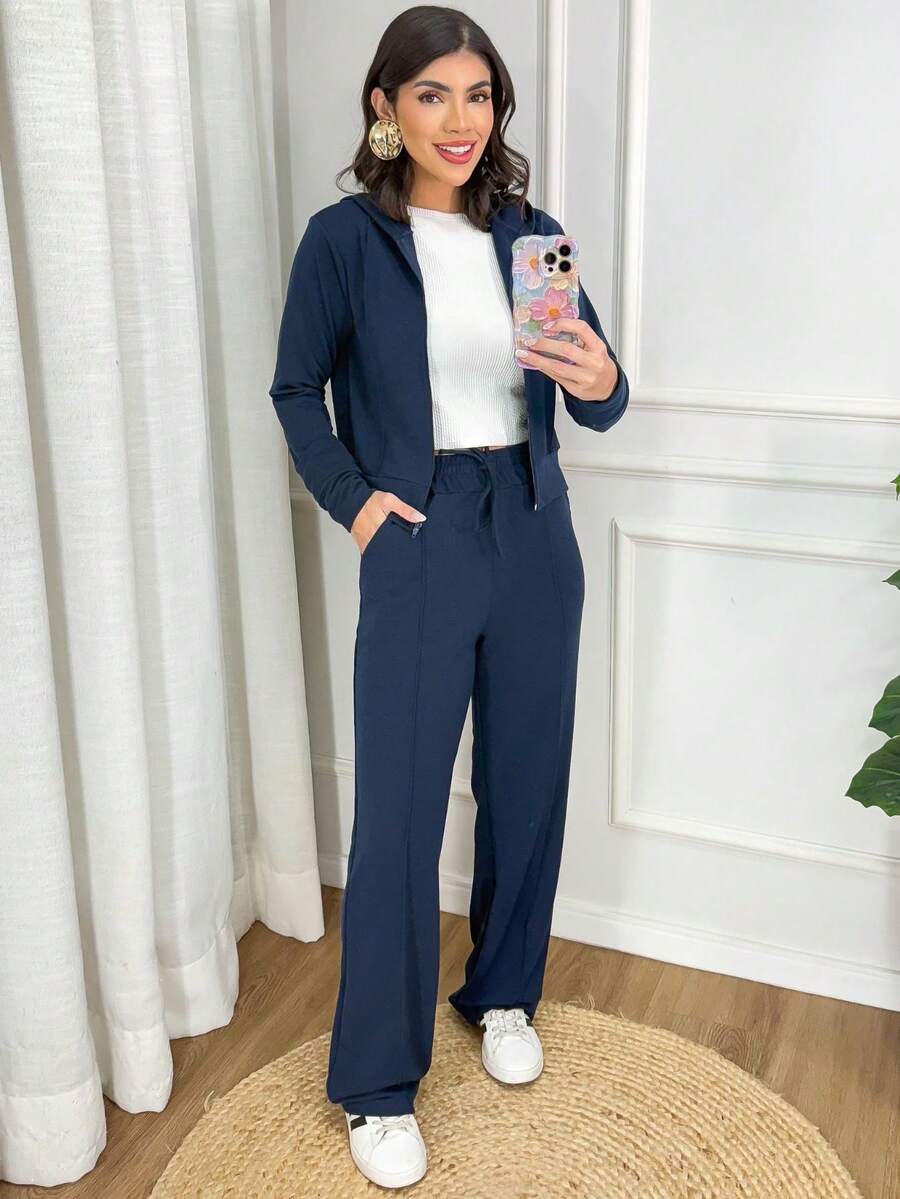 Women's Stylish Tracksuit Set: Sweatshirt With Trim, Hood, And Zipper, And Wide-Leg Pants With Side Pockets - Elegant Winter Jacket, Wide-Leg Pants, Long-Sleeved Top, Basic Comfortable Premium Comfy Warm Thick Navy Blue. - 藏蓝色 - 查看 1