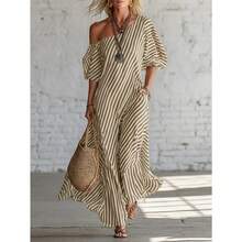 Women's Elegant Striped Off-Shoulder Maxi Dress - Fashionable For Spring - 卡其色 - 查看 1