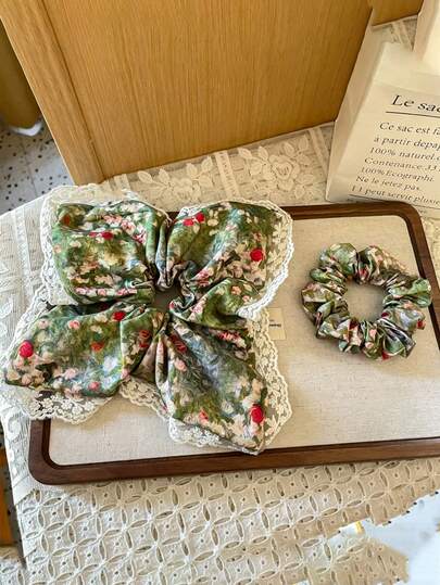 2pcs Countryside Oil Painting Floral Scrunchies, Handmade Fabric Floral Scrunchies, Sweet Girl Style Hair Accessories, Lace Bow Hair Ties, Versatile Countryside Style Hair Accessories For Women,Travel,Birthday