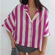 Relaxed Fit Striped Button-Down Shirt Carnation Pink - Hot Pink - View 2