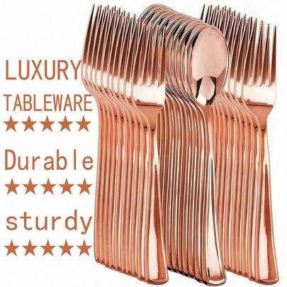300pcs/Set Rose Gold Cutlery Set; Forks, Spoons, Premium Tableware, Suitable For: Birthday, Wedding, Party, Family Gathering, Team Building, Outdoor BBQ, Camping, Banquet, School Supplies, Graduation Ceremony, Holiday Party And More Occasions - Full Cutlery Set, Full Kitchen Utensils, Cutlery, Rose Gold Cutlery, Cake Fork, Dessert Spoon, Salad Fork & Spoon