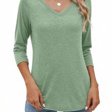 5pcs Set 2025 European And American Fashion Women's 3/4 Sleeve V-Neck Loose Fit Casual Solid Color Basic T-Shirt Blouse - 混合顏色 - 查看 5