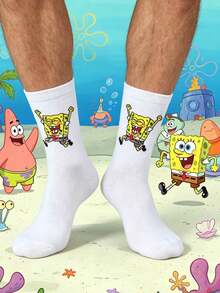 SpongeBob SquarePants 1 đôi tất nam màu trắng in hình hoạt hình bọt biển, ngộ nghĩnh và thoải mái, thích hợp mặc hàng ngày, cả bốn mùa. - Nhiều màu - Xem 3