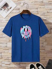 Camiseta de hombros caídos con estampado de expresión - Azul - Ver 2