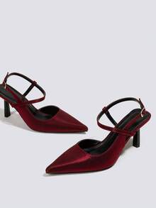 Escarpins à talons hauts bordeaux pour femmes, chaussures de soirée à bride arrière ouverte, chaussures de mariage, chaussures formelles Mary Jane, sandales à talons aiguilles pointus avec boucle et sans lacets - Rouge foncé - Voir 3