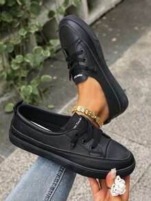 1 Pasang Sepatu Sneakers Kasual Kulit Nyaman untuk Wanita, Serbaguna untuk Olahraga & Aktivitas Luar Ruangan - Hitam - View 3