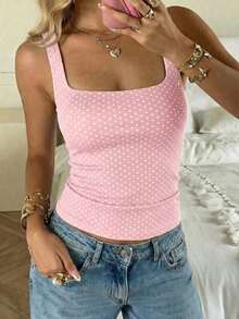 Top de punto con estampado de lunares blancos en estilo , blusa sin mangas adecuada para la playa, el trayecto y el uso casual de verano - Rosa - Ver 3