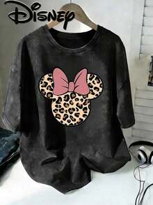 Disney Officially Authorized Mickey Mouse Leopard T-Shirts For Men And Women-Casual Short Sleeves-Opaque Fabric With Pink Bow Design-Machine Washable-Suitable For Summer Wear. Summer T-Shirts, Holiday Gifts, Plus Size, Casual Couples Holiday Gifts, Unisex, Excellent Gifts. - màu đen - Xem 1