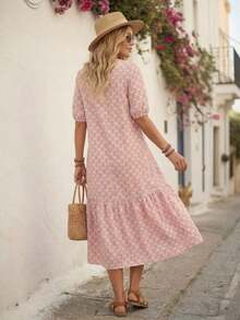 Vestido de mujer con cuello con muescas, volantes en el bajo y mangas cortas - Caqui - Ver 10