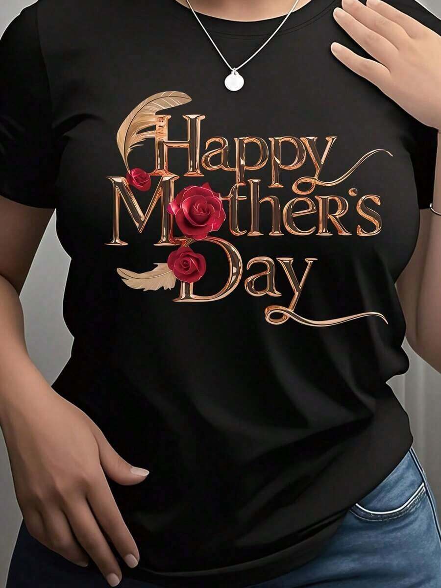 Permeability"Happy Mother's Day" Rose Pattern Printed T-Shirt, Short-Sleeved Round-Neck Casual Top For Summer And Spring, Women's Clothing, Birthday Gift, Gift For Friends, Gift For Sisters, Pure Cotton Short-Sleevespace - 黑色 - 查看 1