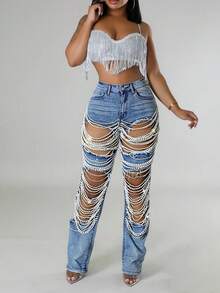 Women's Sexy Tight Elastic Tear Pearl Decoration Jeans Blue Pants-Y2K Streetwear Pants For Party Nightclub & Festival,Going Out,Concert,4th Of July. - 藍色 - 查看 1