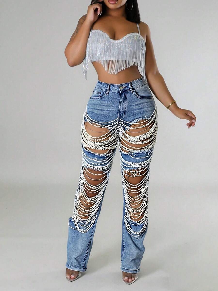 Women's Sexy Tight Elastic Tear Pearl Decoration Jeans Blue Pants-Y2K Streetwear Pants For Party Nightclub & Festival,Going Out,Concert,4th Of July. - 藍色 - 查看 1