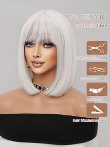 XOUJE 12-Zoll rein weiße Bob Perücke für Frauen mit realistischer Kopfhaut, glatte, hitzebeständige Faser, gerades kurzes Haar mit geraden Pony, einfach zu tragen, perfekt für Partys, Anime-Cosplay und Halloween, schmeichelhaft für helle Haut - Weiss - Übersicht 8