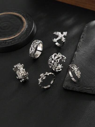 Bộ 6 chiếc nhẫn hình thánh giá và hoa phong cách punk thời trang, thích hợp để đeo hàng ngày và trang trí dịp lễ.