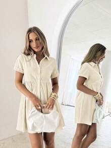 Vestido corto de un solo pecho de unicolor cómodo y casual para mujer - Albaricoque - Ver 3