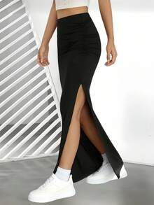 Nueva falda con abertura de moda para mujer de otoño - Negro - Ver 2