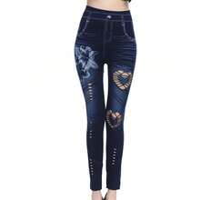 Caliente Sexy mujer Jean Skinny Jeggings pantalones mallas de cintura alta estampado femenino hasta el tobillo Legging ajustado Fitness de talla grande - Azul - Ver 4