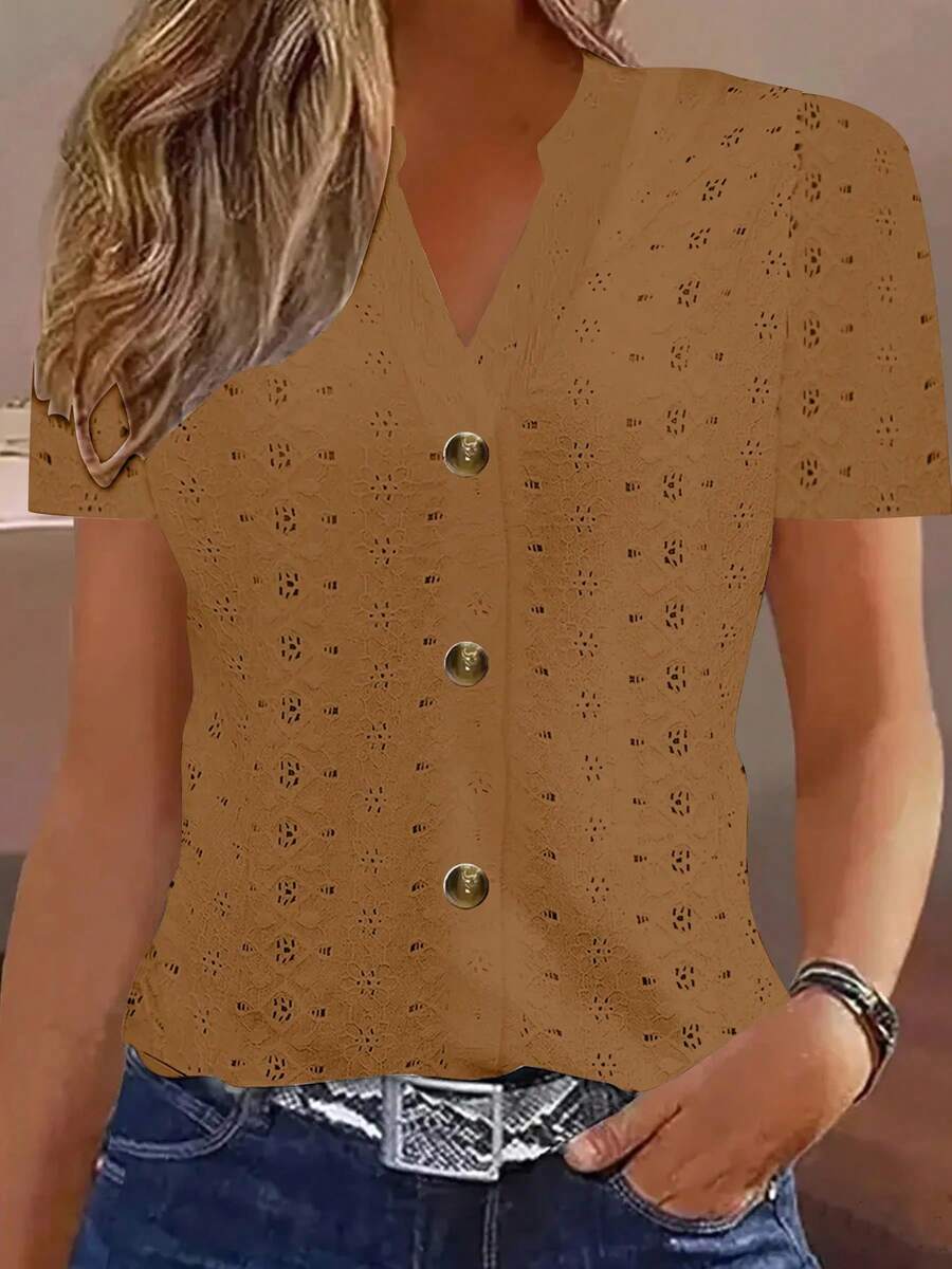 Tops Y2k, blusa informal de verano para mujer, Tops de manga corta con botones y cuello en V, blusas elegantes a la moda, camisas informales holgadas de colores sólidos - XF7780 Marrón - Ver 1