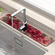 1pc Flower Theme Pattern Sink Drain Pad, Quick-Drying Diatomite Bathroom Faucet Pad, Trimmable Holiday Decorations, Household Kitchen Drain Pad, Washbasin Protection Pad, Suitable For All Kinds Of Faucets In Bathroom And Kitchen. - Multicolor - View 6