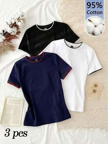 Set de 3 camisetas de mujer de cuello redondo de ajuste ceñido, 95% algodón, en negro, blanco y gris, aptas para todas las estaciones, interior y exterior, con estilo vintage y lindo para verano, para salidas de verano, hogar, vuelta al cole, otoño - Multicolor 13 - Ver 11