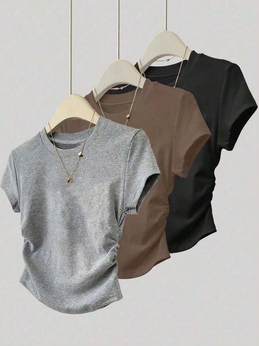 Set de 3 piezas de tops para mujer para exteriores, en color champán, marrón moca y negro, nuevas llegadas de verano, camiseta ajustada con pliegues, de moda y versátil, con estilo callejero fotogénico, imprescindible, de vuelta al colegio, que lla - Multicolor 15 - Ver 1