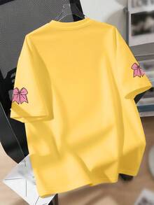 Girls' Ballet Element Bow Print Round Neck T-Shirt, Casual Soft Top For Summer - Yellow - View 2