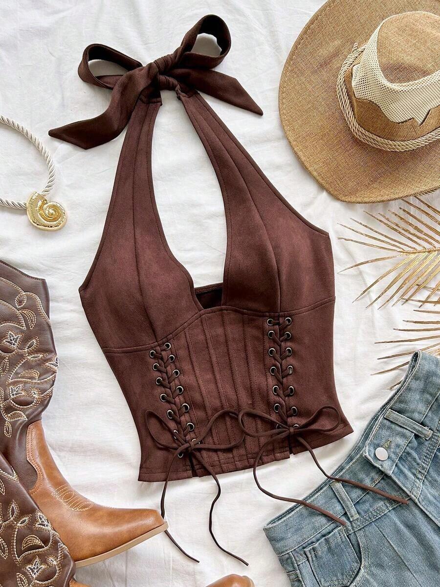 Nuevo chaleco de mujer con cuello en V sexy y anudado de ante desconstructurado, adecuado para vacaciones, citas, té de la tarde, vacaciones, festivales de música, estilo bohemio, cruceros, playa, Navidad, Año Nuevo, discoteca - Café integral - Ver 1