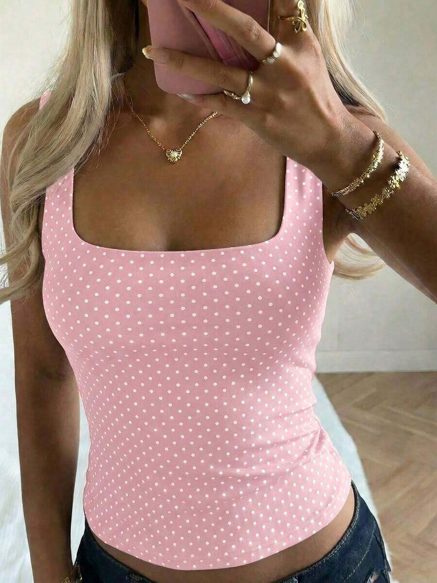 Top de punto con estampado de lunares blancos en estilo , blusa sin mangas adecuada para la playa, el trayecto y el uso casual de verano - Rosa - Ver 1
