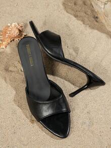 Crocodile Embossed High Heel Mules, Pointed Toe Stiletto Slip-On Sandals, Suitable For Work, Dating, Party, Glossy Embossed Premium Look - Black - View 6