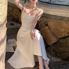 2025Vestido nuevo de verano con forro blanco para mujer, vestido de tirantes francés con diseño adelgazante que se ajusta a la cintura. - Blanco - Ver 2